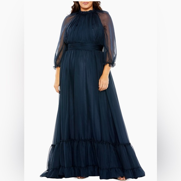 New MAC DUGGAL Navy High Neck Puff Sleeve Tiered A Line Gown 24W #68426 - Picture 9 of 9